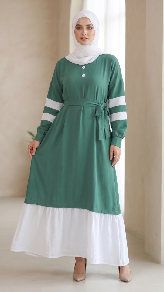 Teal and OffWhite Modest Dress with Show Buttons on the Front and a Belt 