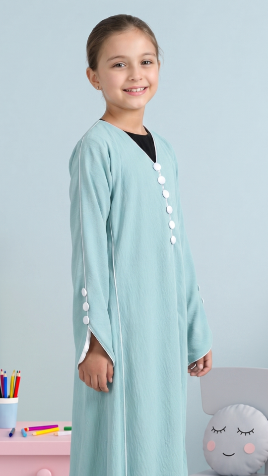 Wholesale Kids Abaya with White Piping and Show Buttons on the Front and Sleeves 