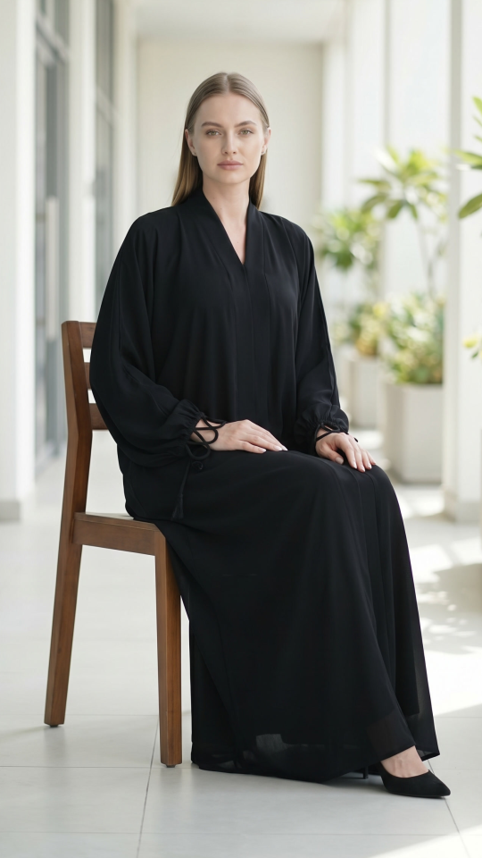Front Open Abaya with Designed Sleeves in Black