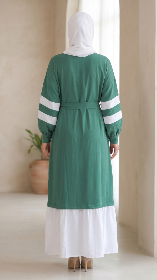 Teal and OffWhite Modest Dress with Show Buttons on the Front and a Belt 