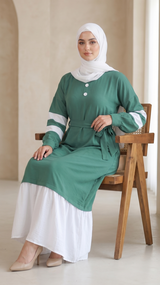 Teal and OffWhite Modest Dress with Show Buttons on the Front and a Belt 