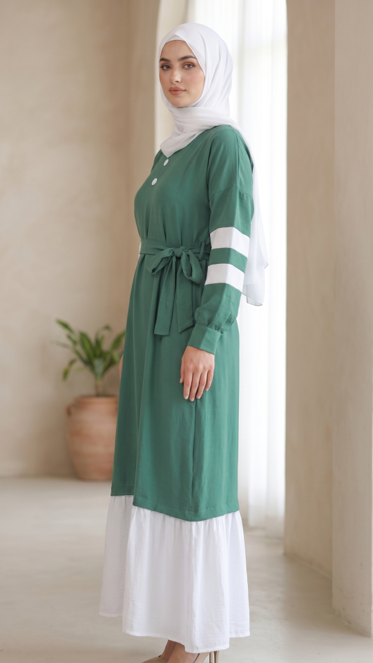 Teal and OffWhite Modest Dress with Show Buttons on the Front and a Belt 