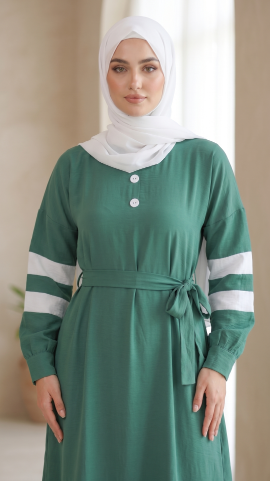 Teal and OffWhite Modest Dress with Show Buttons on the Front and a Belt 