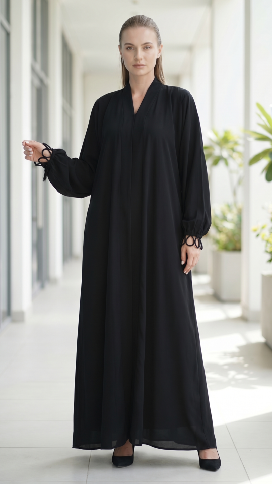 Front Open Abaya with Designed Sleeves in Black