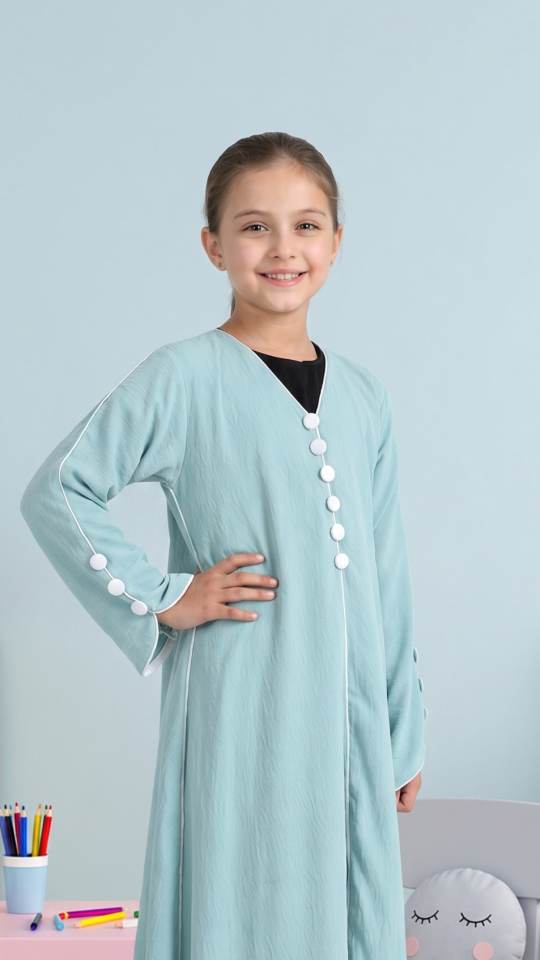 Wholesale Kids Abaya with White Piping and Show Buttons on the Front and Sleeves 