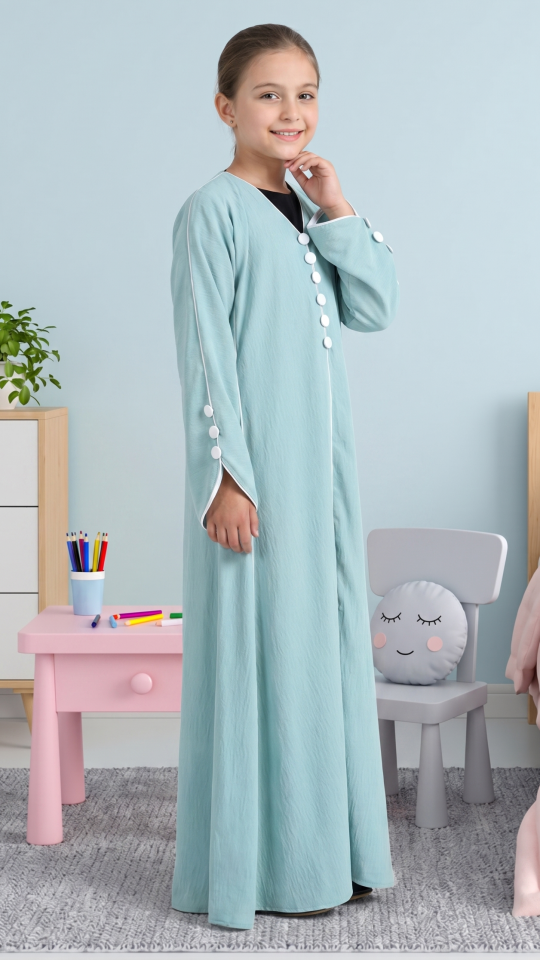 Wholesale Kids Abaya with White Piping and Show Buttons on the Front and Sleeves 