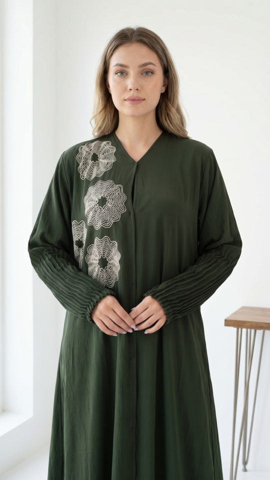 Wholesale Olive Zoom Simple Front Open Abaya with Crystal Hand Work and Pleat Work on the Sleeves 