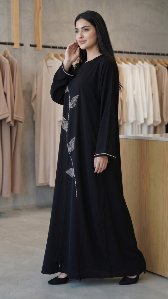 Wholesale Black Zoom Abaya with White Crystal Hand Work on the Front and sleeves 