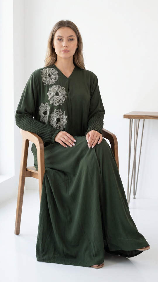 Wholesale Olive Zoom Simple Front Open Abaya with Crystal Hand Work and Pleat Work on the Sleeves 