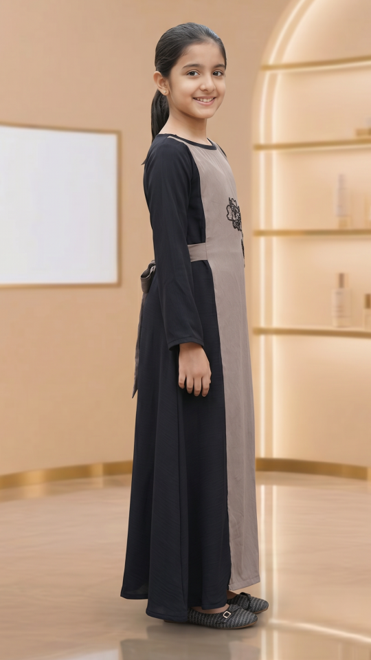 Wholesale Brown And Black CEY Kids Modest Dress With Crystal Handwork And a Tie Up Band 
