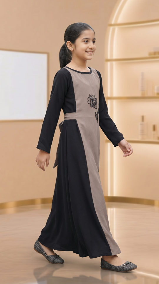 Wholesale Brown And Black CEY Kids Modest Dress With Crystal Handwork And a Tie Up Band 