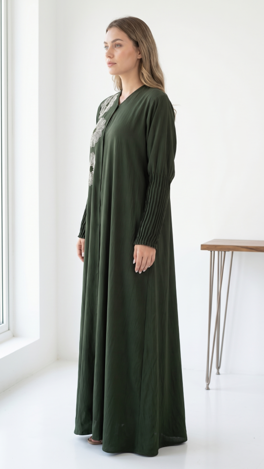 Wholesale Olive Zoom Simple Front Open Abaya with Crystal Hand Work and Pleat Work on the Sleeves 
