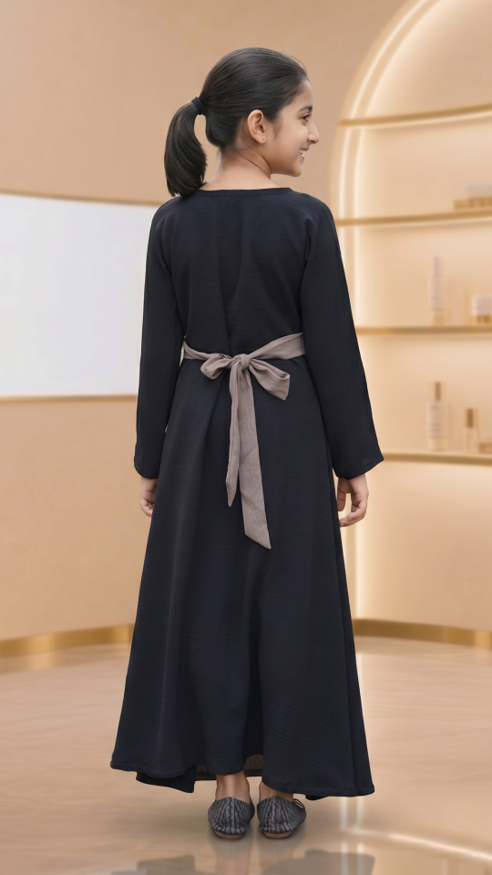 Wholesale Brown And Black CEY Kids Modest Dress With Crystal Handwork And a Tie Up Band 