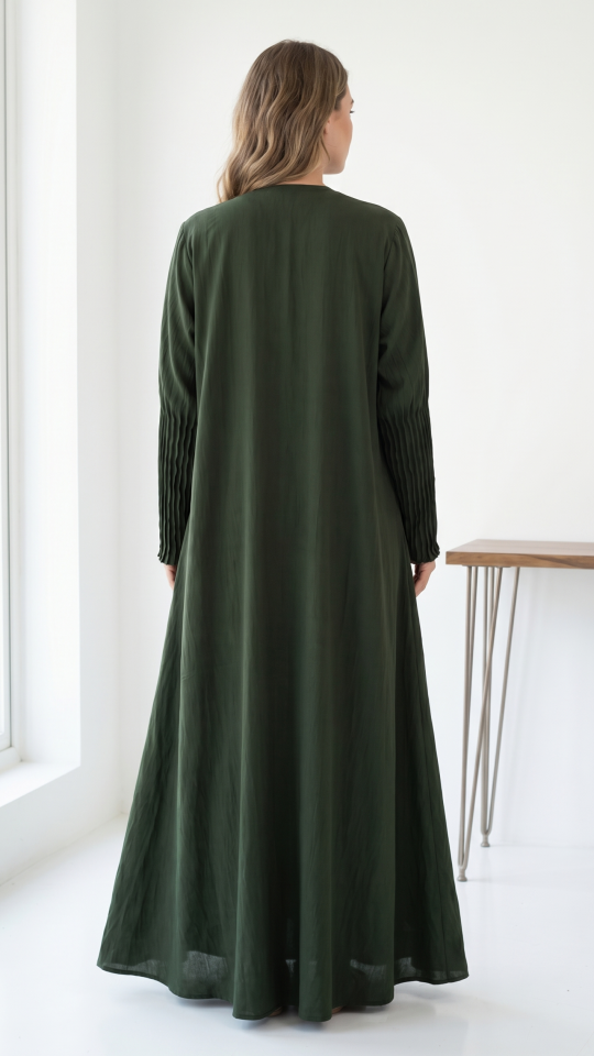 Wholesale Olive Zoom Simple Front Open Abaya with Crystal Hand Work and Pleat Work on the Sleeves 