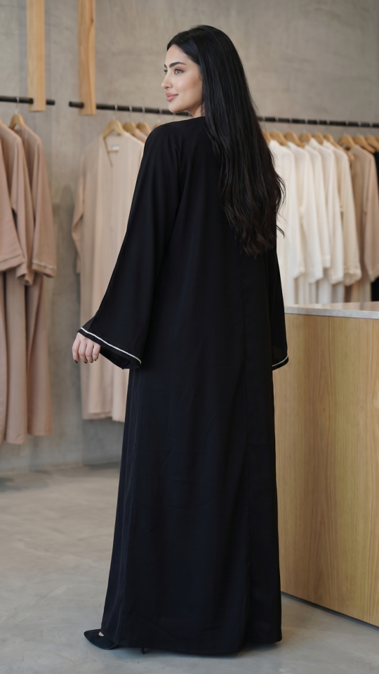 Wholesale Black Zoom Abaya with White Crystal Hand Work on the Front and sleeves 