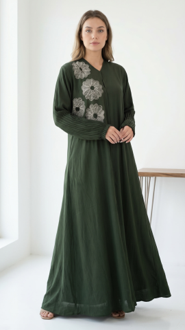 Wholesale Olive Zoom Simple Front Open Abaya with Crystal Hand Work and Pleat Work on the Sleeves 
