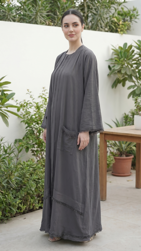  Modest Dress with Weaving Yarn Work on the Front and Pocket in Dark Grey