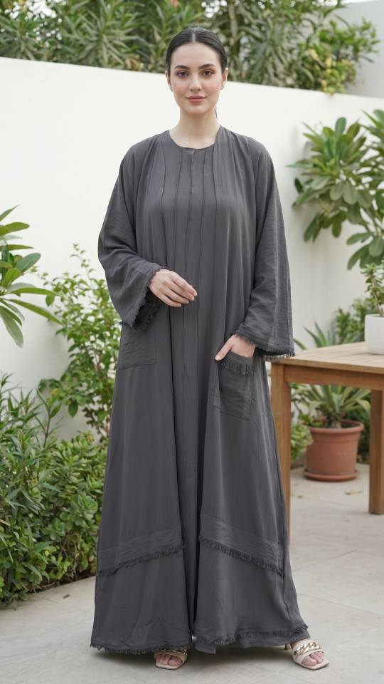  Modest Dress with Weaving Yarn Work on the Front and Pocket in Dark Grey