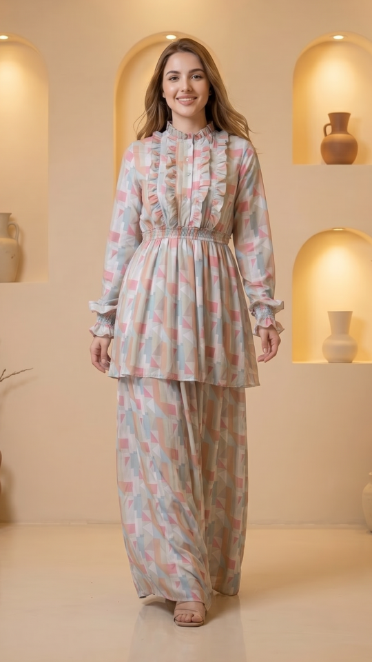 Wholesale Layered Modest Dress with Mosaic Print