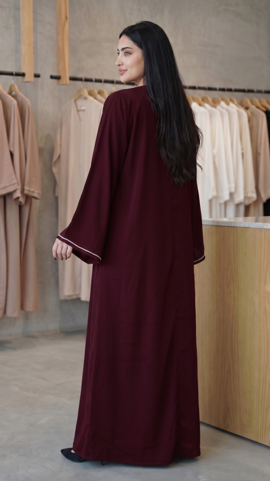 Wholesale Dark Maroon Zoom Abaya With White Crystal Hand Work on the Front And Sleeves 