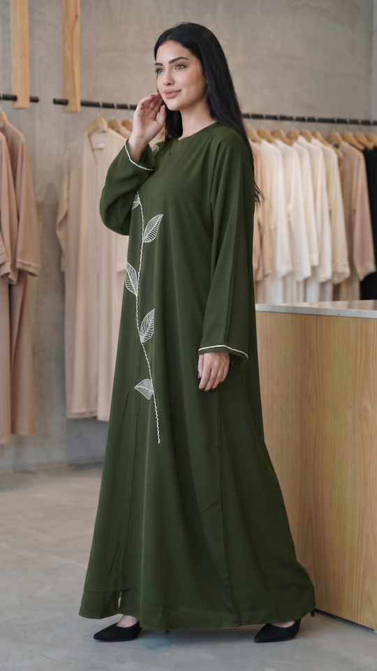 Wholesale Olive Zoom Abaya with White Crystal Hand Work on the Front And Sleeves 