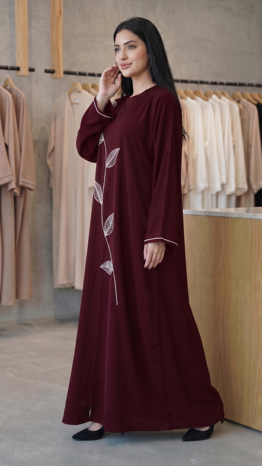 Wholesale Dark Maroon Zoom Abaya With White Crystal Hand Work on the Front And Sleeves 