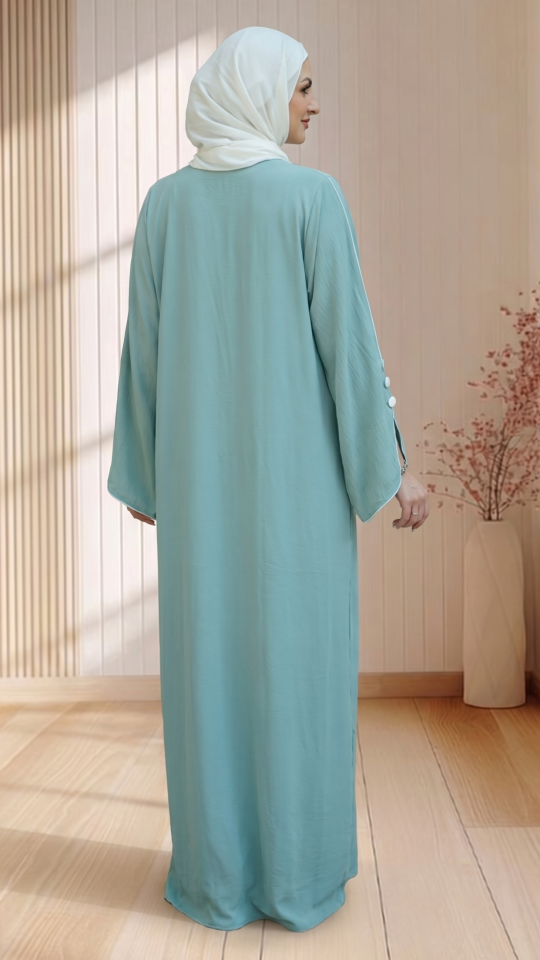 Modest Abaya with White Piping and Show Buttons on the Front and Sleeves in Turquoise