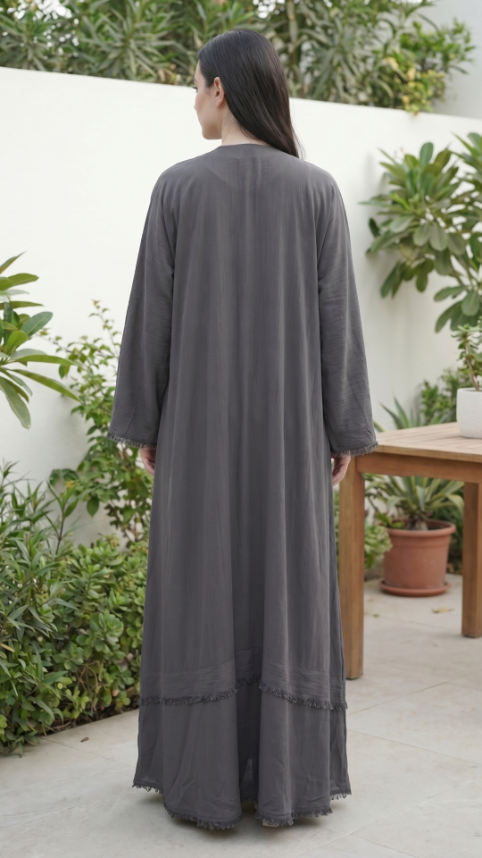  Modest Dress with Weaving Yarn Work on the Front and Pocket in Dark Grey