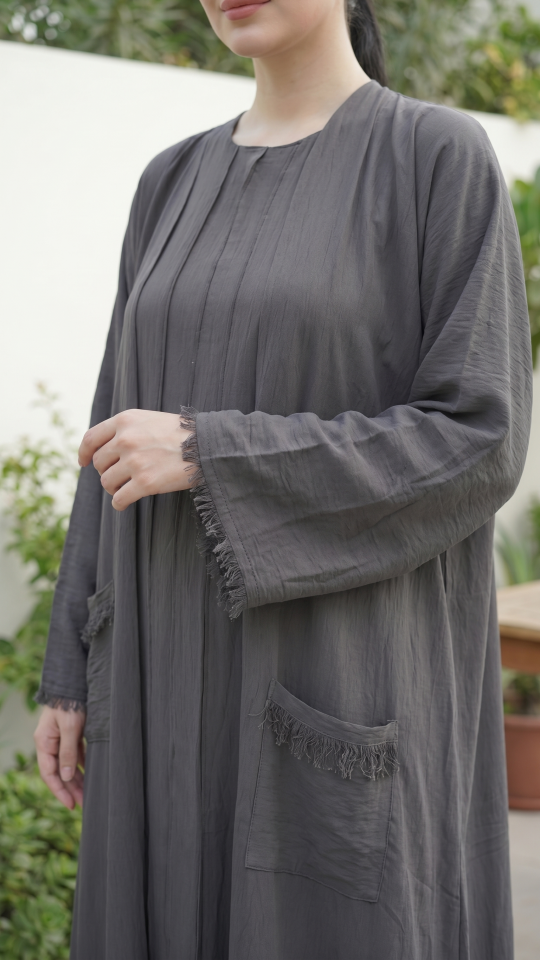  Modest Dress with Weaving Yarn Work on the Front and Pocket in Dark Grey