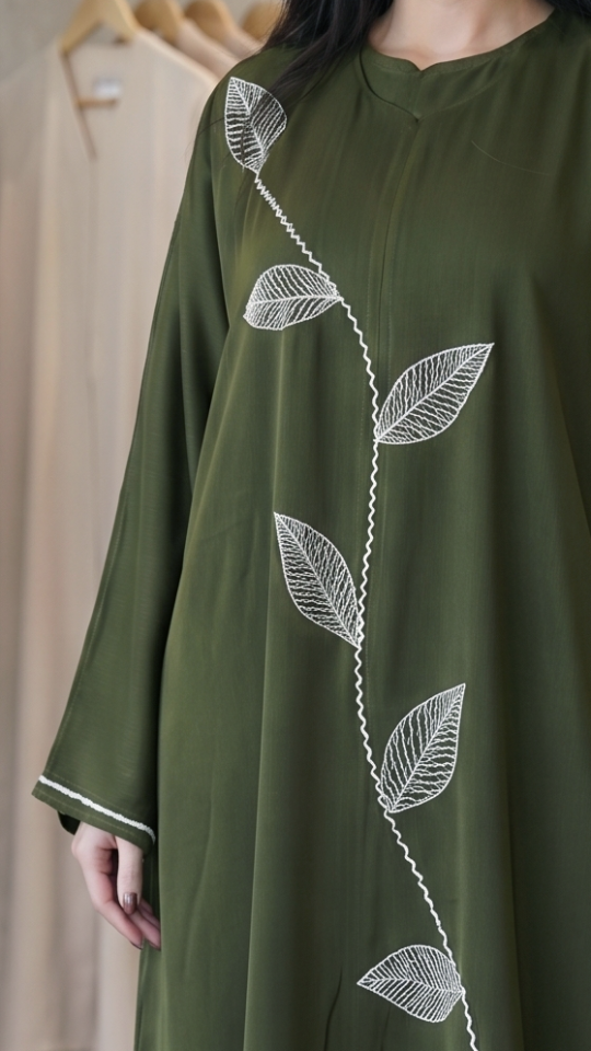 Wholesale Olive Zoom Abaya with White Crystal Hand Work on the Front And Sleeves 