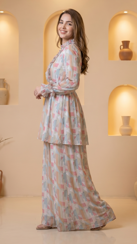 Wholesale Layered Modest Dress with Mosaic Print