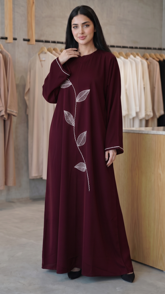 Wholesale Dark Maroon Zoom Abaya With White Crystal Hand Work on the Front And Sleeves 