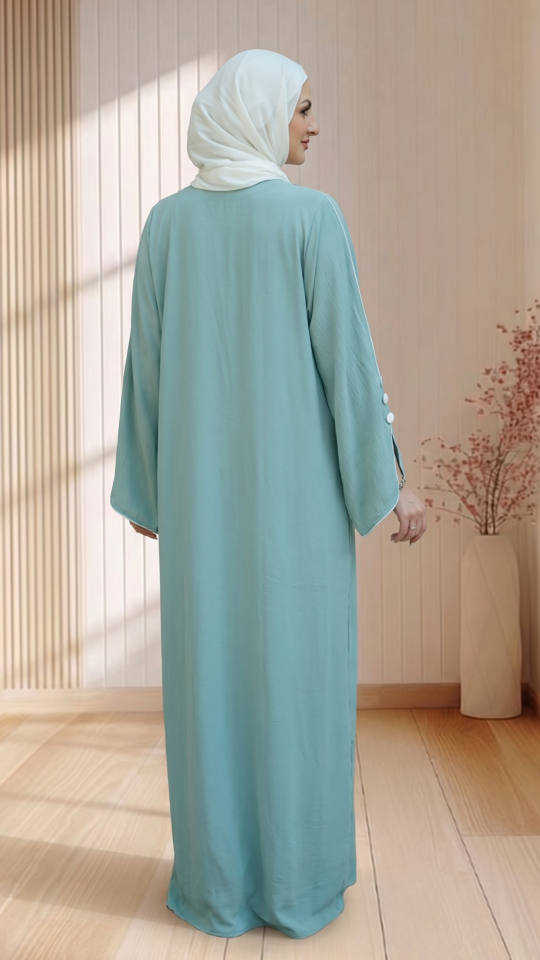 Modest Abaya with White Piping and Show Buttons on the Front and Sleeves in Turquoise