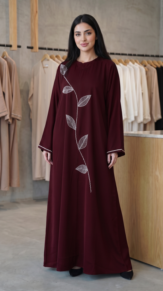 Wholesale Dark Maroon Zoom Abaya With White Crystal Hand Work on the Front And Sleeves 