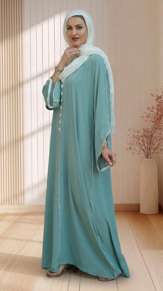 Modest Abaya with White Piping and Show Buttons on the Front and Sleeves in Turquoise