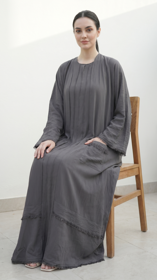  Modest Dress with Weaving Yarn Work on the Front and Pocket in Dark Grey
