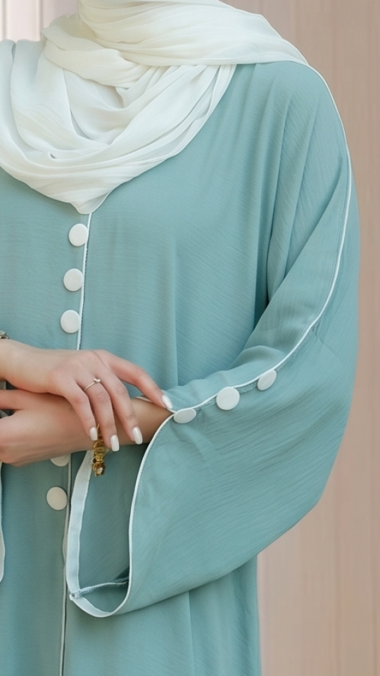 Modest Abaya with White Piping and Show Buttons on the Front and Sleeves in Turquoise