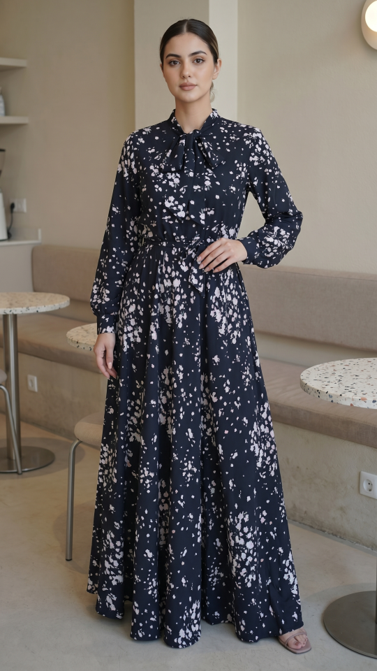 Wholesale Black Modest Dress with Floral Print