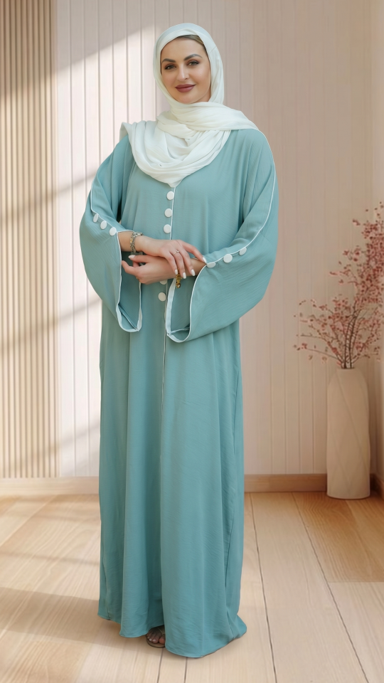 Modest Abaya with White Piping and Show Buttons on the Front and Sleeves in Turquoise