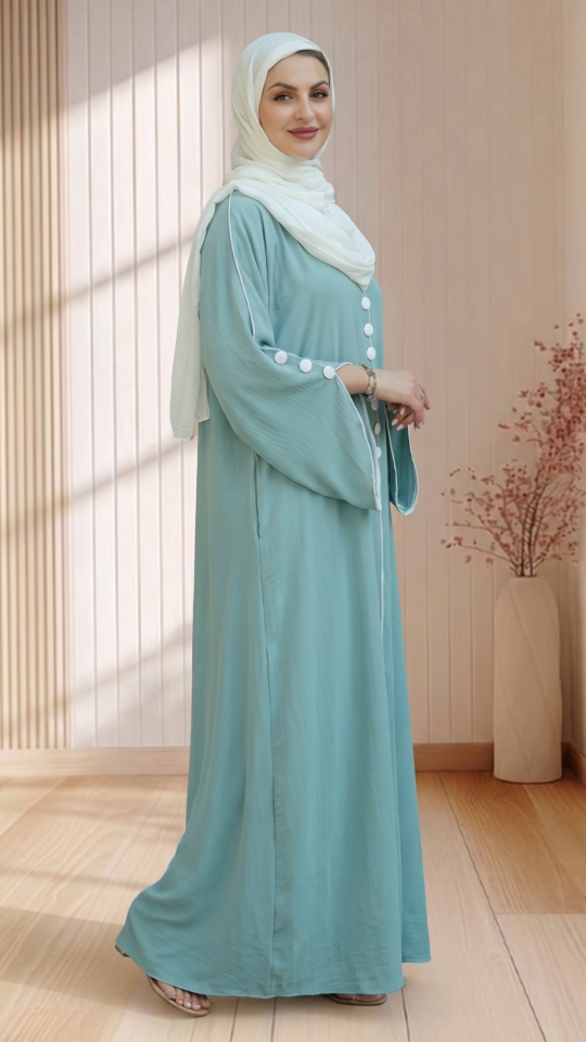 Modest Abaya with White Piping and Show Buttons on the Front and Sleeves in Turquoise