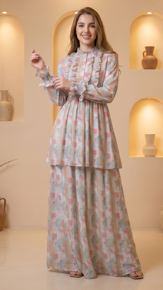 Wholesale Layered Modest Dress with Mosaic Print