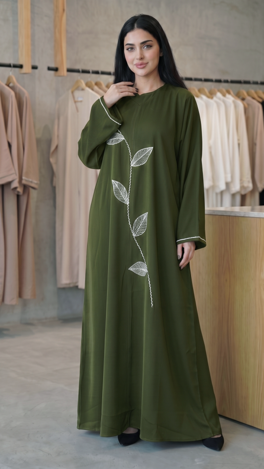 Wholesale Olive Zoom Abaya with White Crystal Hand Work on the Front And Sleeves 