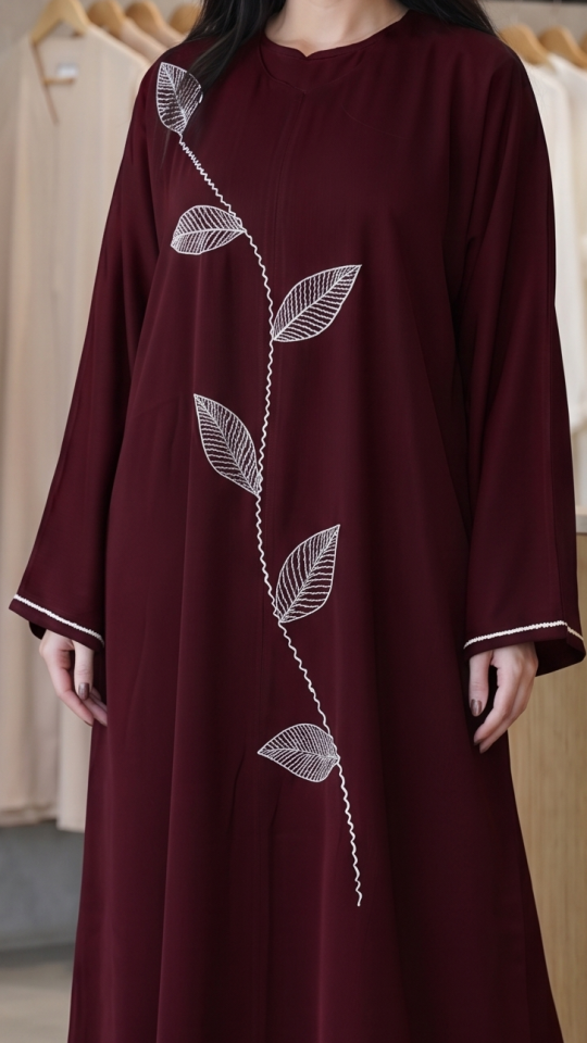 Wholesale Dark Maroon Zoom Abaya With White Crystal Hand Work on the Front And Sleeves 