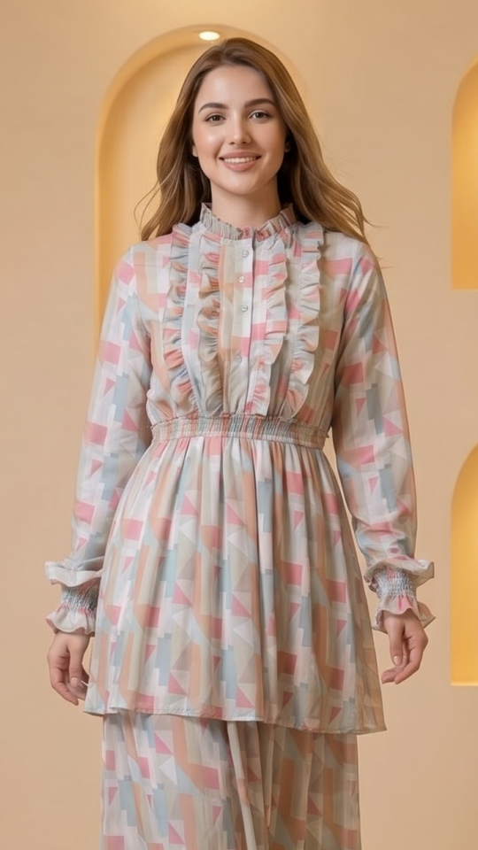 Wholesale Layered Modest Dress with Mosaic Print