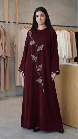Wholesale Dark Maroon Zoom Abaya With White Crystal Hand Work on the Front And Sleeves 