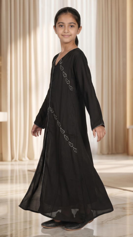 Wholesale Black Nida Matte Kids Abaya with White Glass Stone Work on the Front