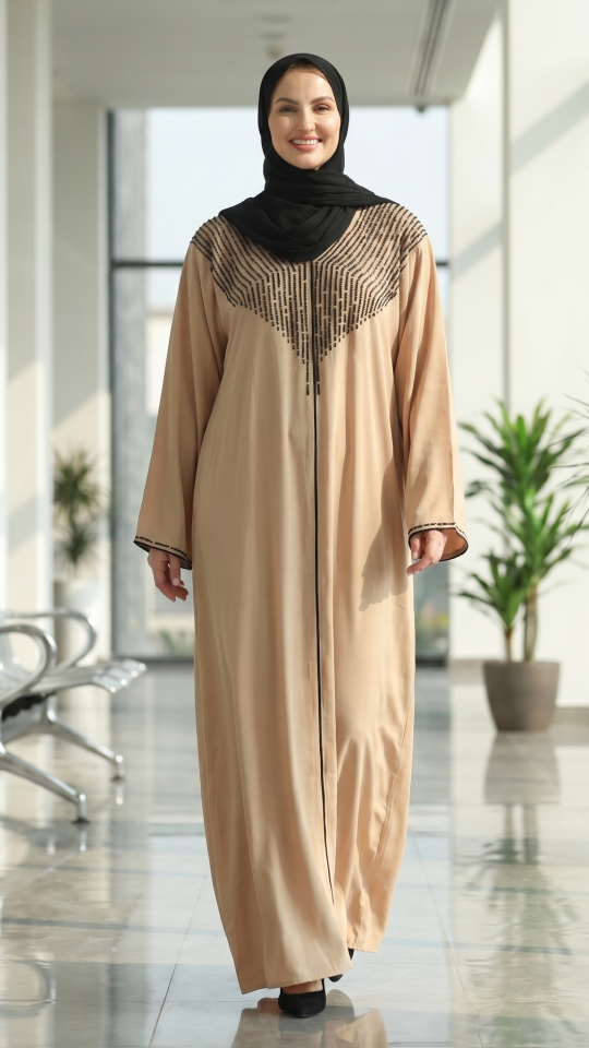 Beige Gulf Zoom Abaya with Crystal Handwork and Piping on the Front and Sleeves