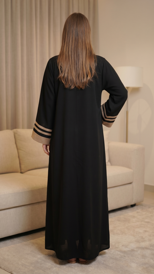 Abaya with Beige Band Work on the Front and Sleeves in Black
