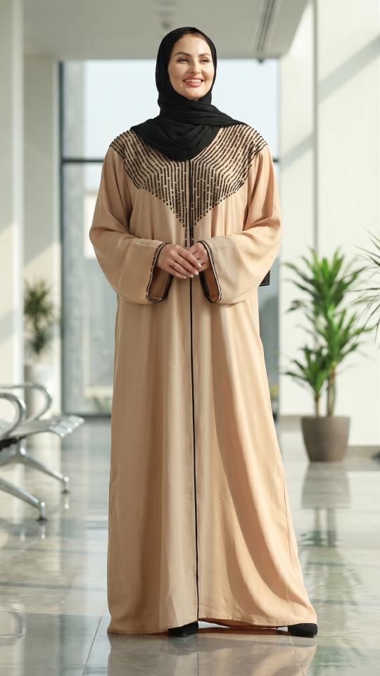 Beige Gulf Zoom Abaya with Crystal Handwork and Piping on the Front and Sleeves