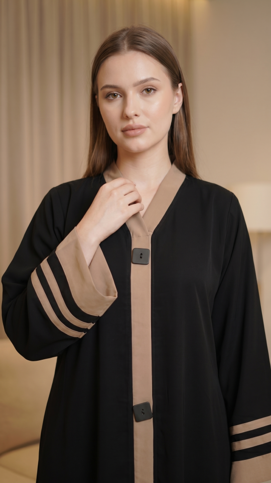 Abaya with Beige Band Work on the Front and Sleeves in Black